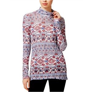 Lucky Brand White Floral Turtleneck Hi-Lo Long Sleeve Top